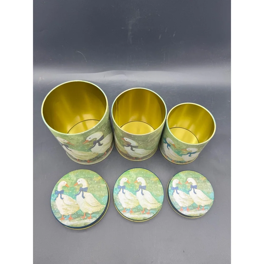 Set of 3 Goose Nesting Canisters Kitchen Storage Tins Blue Lids Farmhouse New